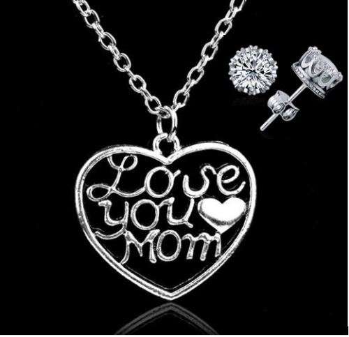 Elegant Silver Plated Jewelry Set With Love You Mom Heart Pendant in Complimentary Gift Box
