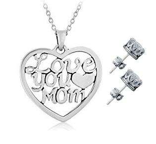 Elegant Silver Plated Jewelry Set With Love You Mom Heart Pendant in Complimentary Gift Box