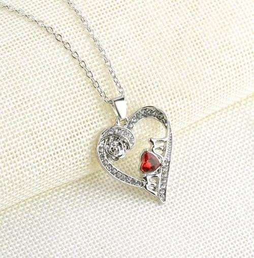 Elegant Silver Jewelry Set With Red Austrian Crystal Mom Heart Pendant in Complimentary Gift Box
