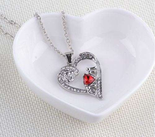 Elegant Silver Jewelry Set With Red Austrian Crystal Mom Heart Pendant in Complimentary Gift Box