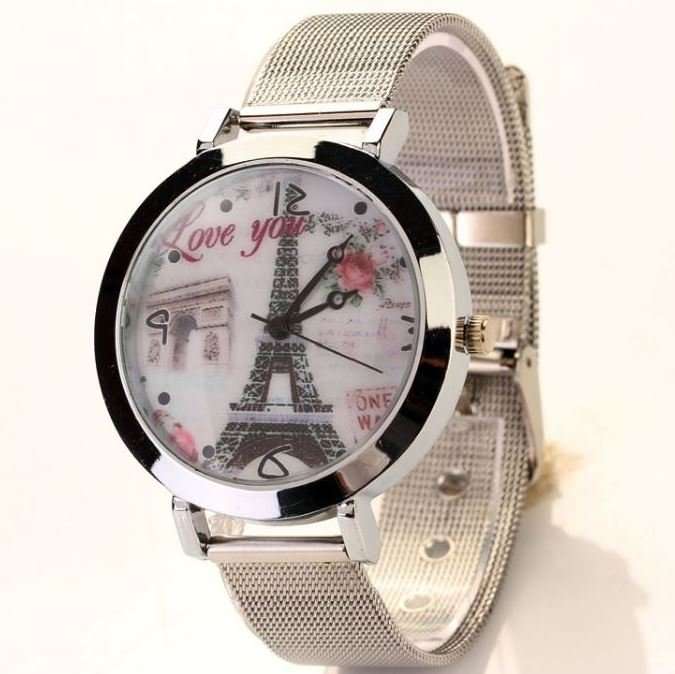 Stunning LOVE YOU Silver Eiffel Tower Wrist Watch With Mesh Band