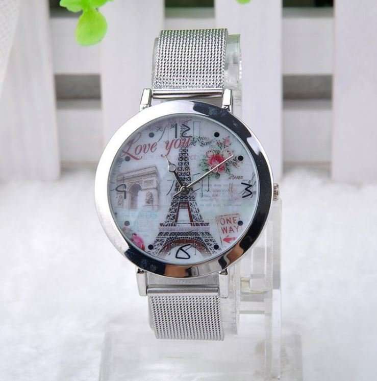 Stunning LOVE YOU Silver Eiffel Tower Wrist Watch With Mesh Band