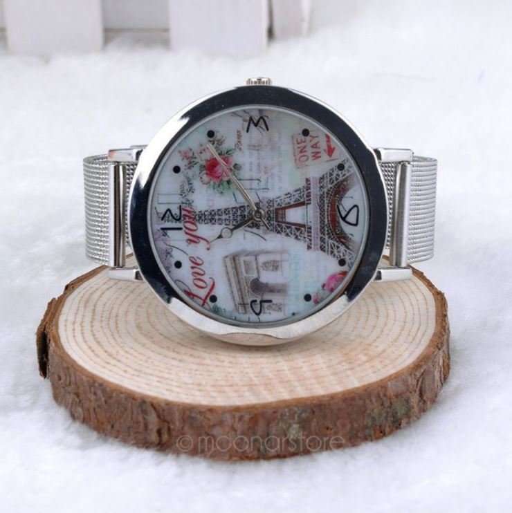 Stunning LOVE YOU Silver Eiffel Tower Wrist Watch With Mesh Band