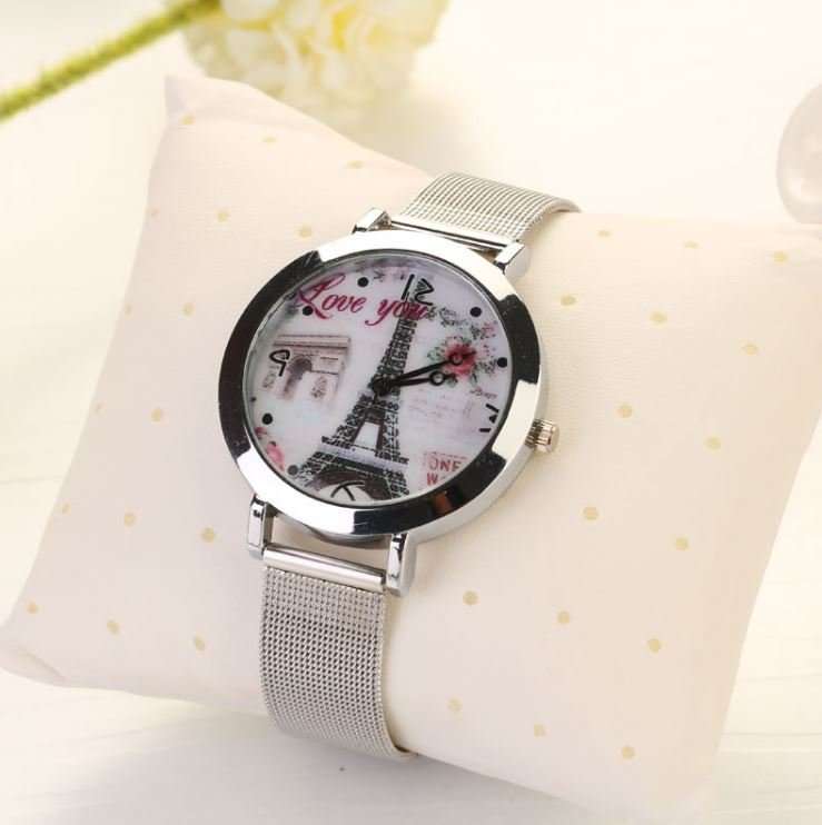 Stunning LOVE YOU Silver Eiffel Tower Wrist Watch With Mesh Band