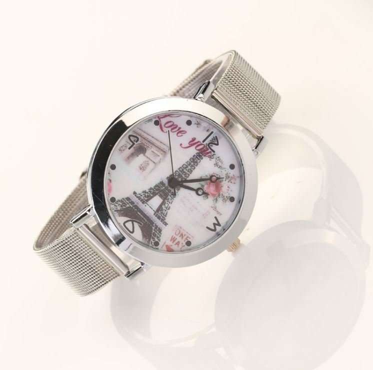 Stunning LOVE YOU Silver Eiffel Tower Wrist Watch With Mesh Band