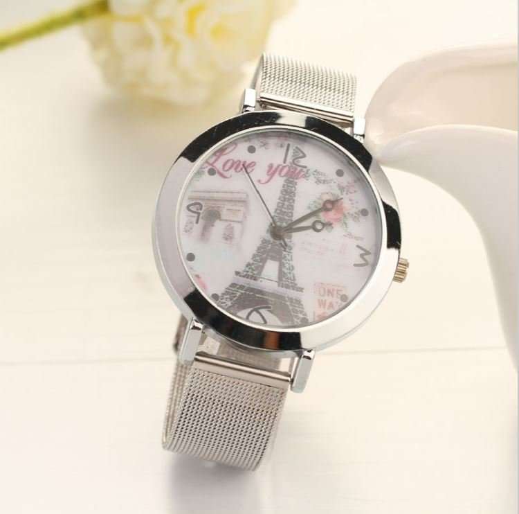 Stunning LOVE YOU Silver Eiffel Tower Wrist Watch With Mesh Band