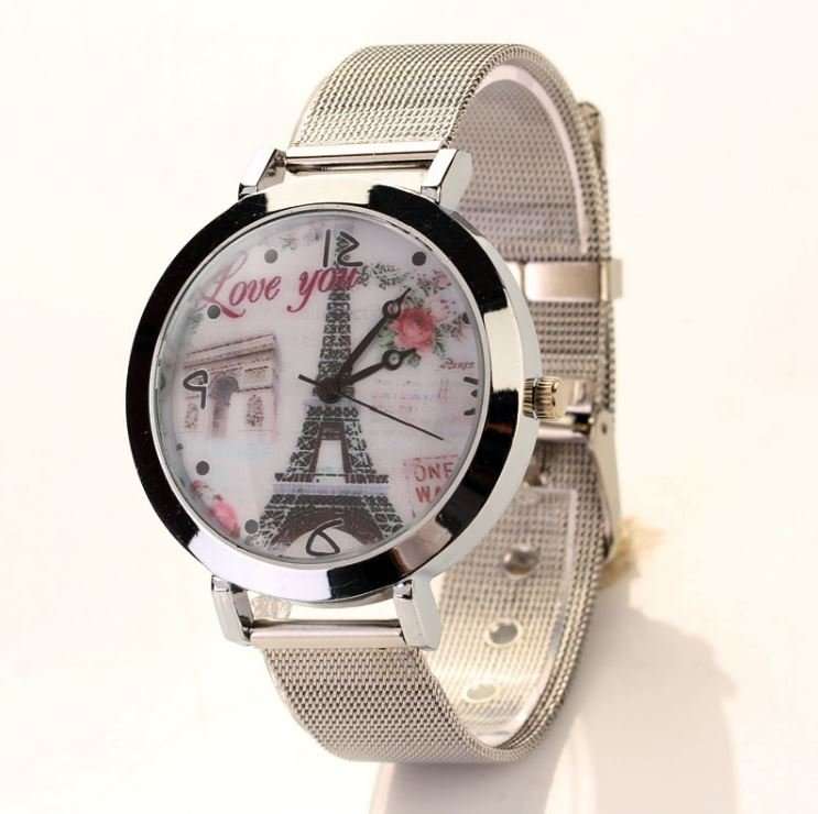Show Your Love With an Elegant Silver Eiffel Tower Wrist Watch With Mesh Band
