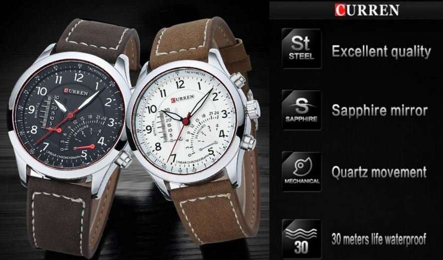 Elegant CURREN Military Leather Mens Wrist Watch - Black & Brown OR White & Brown