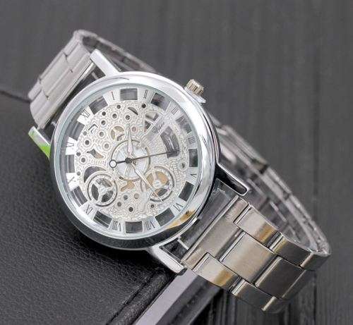 Elegant Men's Business Skeleton Stainless Steel Wrist Watch in Silver / Gold- Complimentary Gift Box