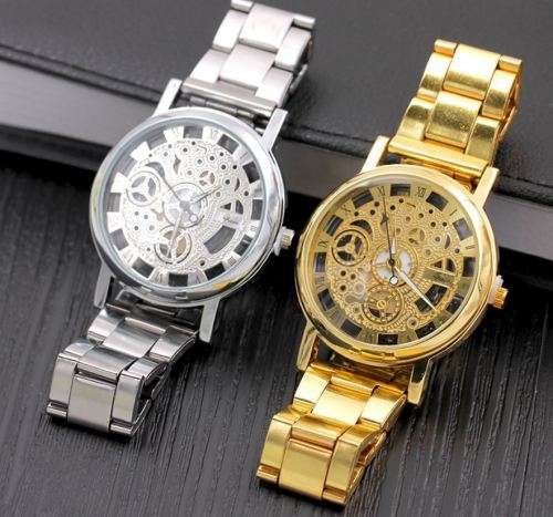 Elegant Men's Business Skeleton Stainless Steel Wrist Watch in Silver / Gold- Complimentary Gift Box