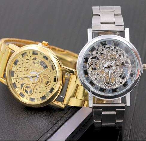 Elegant Men's Business Skeleton Stainless Steel Wrist Watch in Silver / Gold- Complimentary Gift Box