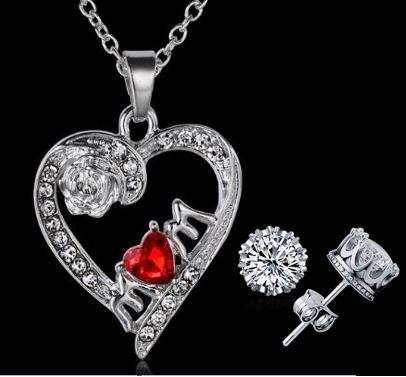 Elegant Silver Jewelry Set With Red Austrian Crystal Mom Heart Pendant in Complimentary Gift Box