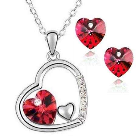 Elegant 18K White Gold Plated Floating Heart Love Jewellery Set With Austrian Crystals in 4 Colours