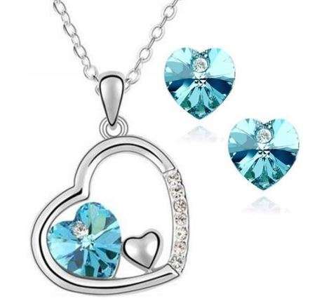 Elegant 18K White Gold Plated Floating Heart Love Jewellery Set With Austrian Crystals in 4 Colours