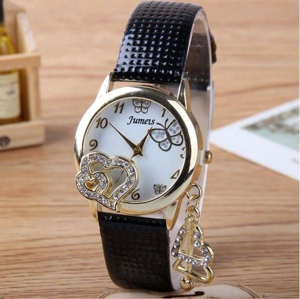Love Heart Pendant Rhinestone Ladies Wrist Watch in 2 Black OR Blue