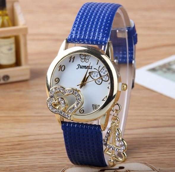 Love Heart Pendant Rhinestone Ladies Wrist Watch in 2 Black OR Blue