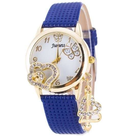 Love Heart Pendant Rhinestone Ladies Wrist Watch in 2 Black OR Blue