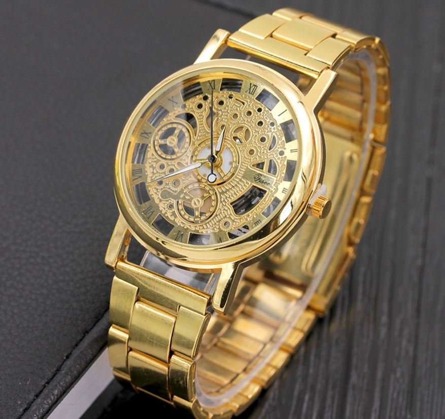 Business Men's Stainless Steel Skeleton Wrist Watch in Gold - Complimentary Gift Box