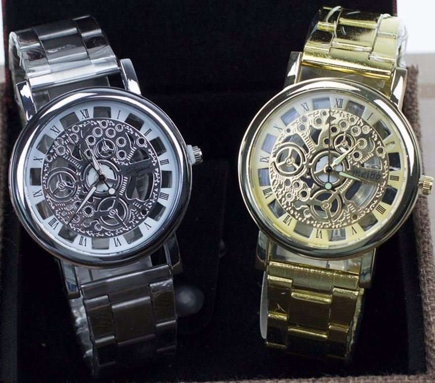 Elegant Men's Business Skeleton Stainless Steel Wrist Watch in Silver / Gold- Complimentary Gift Box