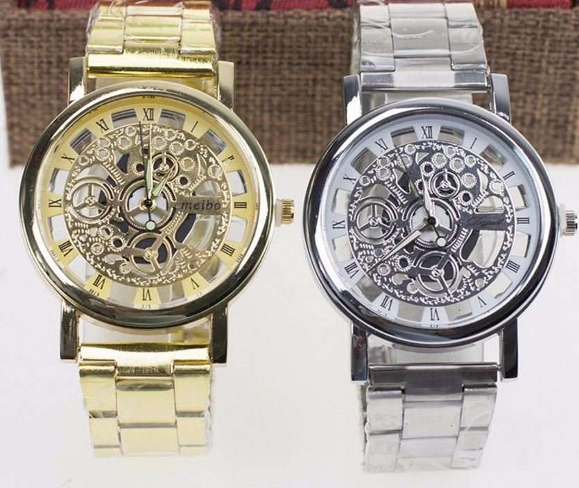 Elegant Men's Business Skeleton Stainless Steel Wrist Watch in Silver / Gold- Complimentary Gift Box