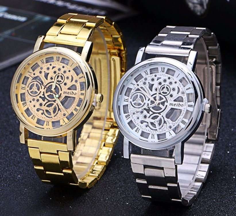 Elegant Men's Business Skeleton Stainless Steel Wrist Watch in Silver / Gold- Complimentary Gift Box
