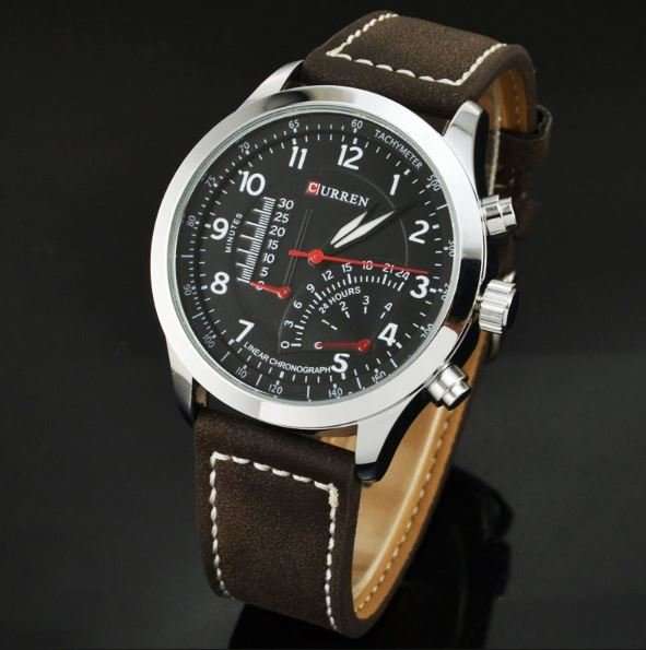 Elegant CURREN Military Leather Mens Wrist Watch - Black & Brown