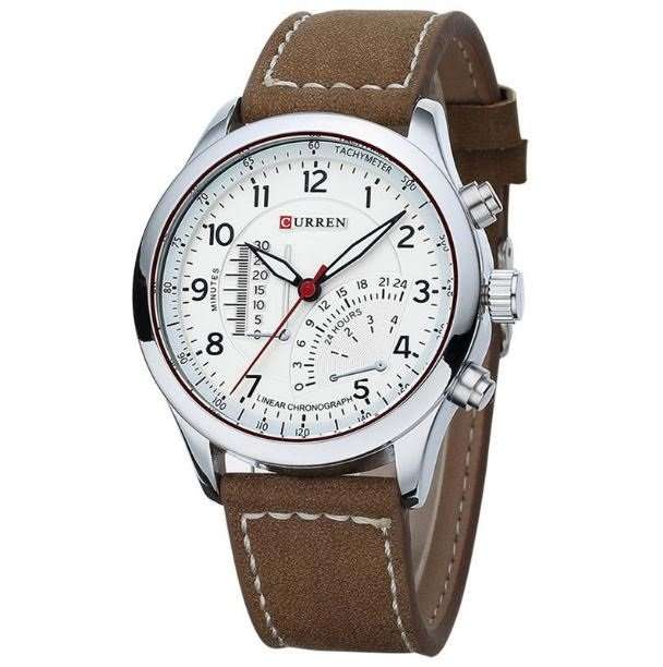 Elegant CURREN Military Leather Mens Wrist Watch - White & Brown