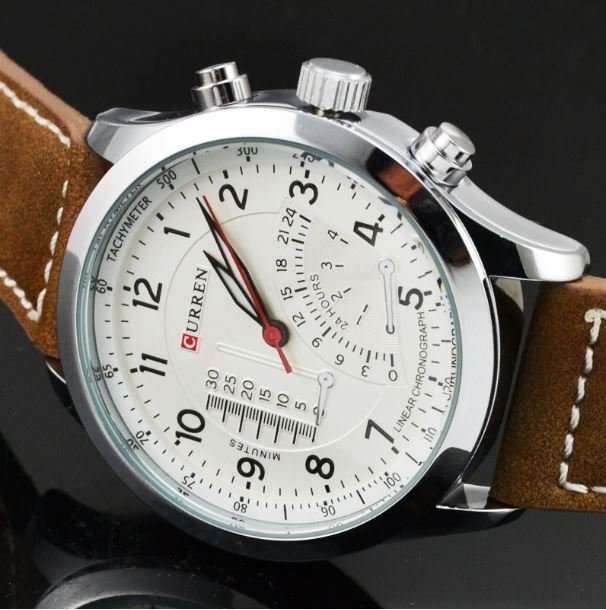 Elegant CURREN Military Leather Mens Wrist Watch - White & Brown in Gift Box