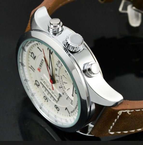Elegant CURREN Military Leather Mens Wrist Watch - White & Brown in Gift Box