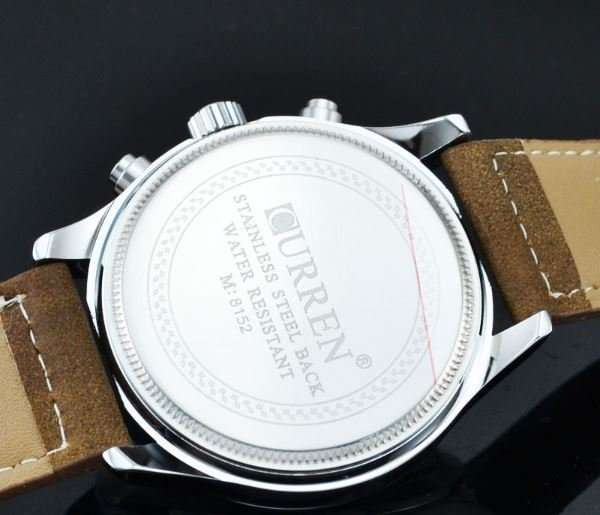 Elegant CURREN Military Leather Mens Wrist Watch - White & Brown in Gift Box