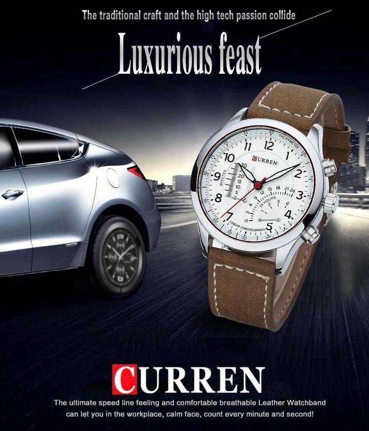 Elegant CURREN Military Leather Mens Wrist Watch - White & Brown in Gift Box
