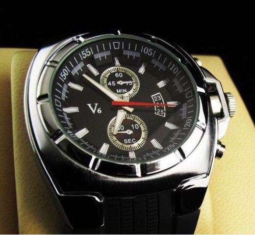 Elegant & Sporty V6 Stainless Steel & Silicone Men's Quartz Wrist Watch in Black & Silver