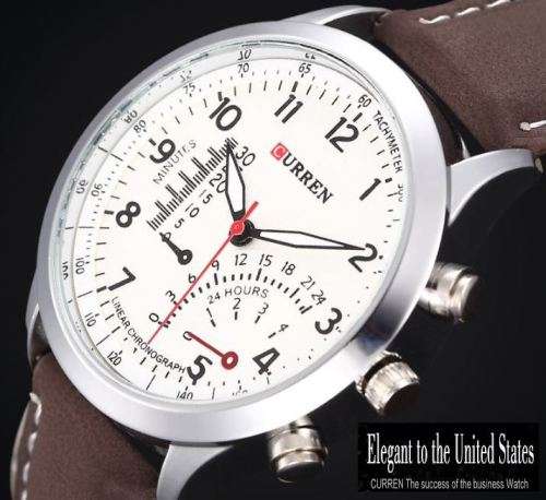 Elegant CURREN Military Leather Mens Wrist Watch - White & Brown in Gift Box