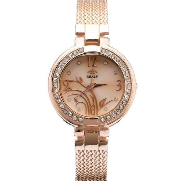 Elegant REALY Rose Gold & Rhinestone Ladies Wrist Watch With Stunning Inlay Detail