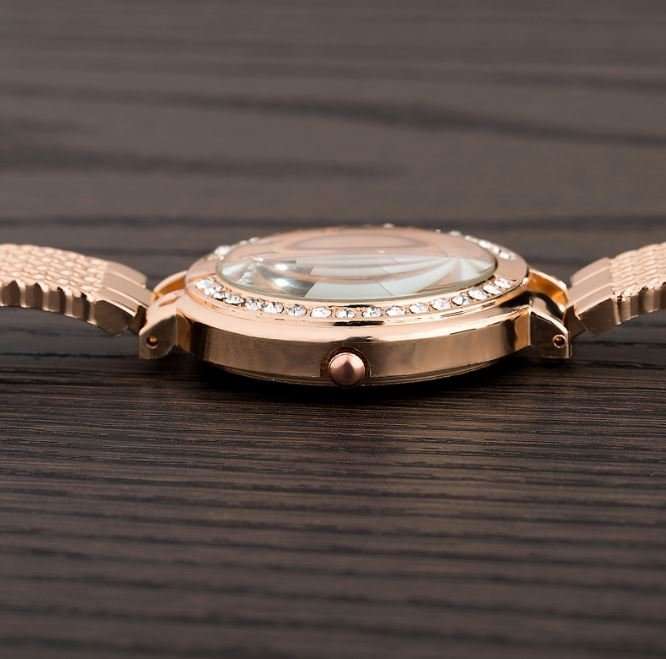 Elegant REALY Rose Gold & Rhinestone Ladies Wrist Watch With Stunning Inlay Detail