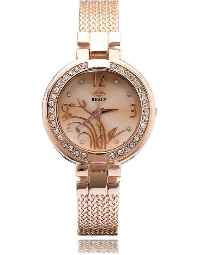 Elegant REALY Rose Gold & Rhinestone Ladies Wrist Watch With Stunning Inlay Detail
