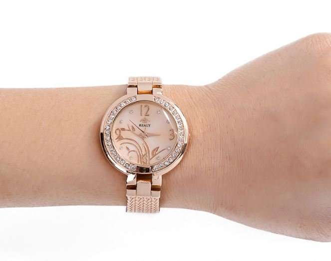 Elegant REALY Rose Gold & Rhinestone Ladies Wrist Watch With Stunning Inlay Detail