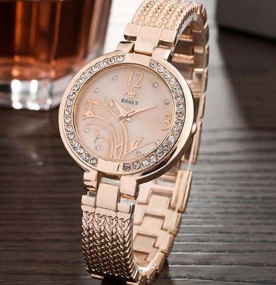 Elegant REALY Rose Gold & Rhinestone Ladies Wrist Watch With Stunning Inlay Detail