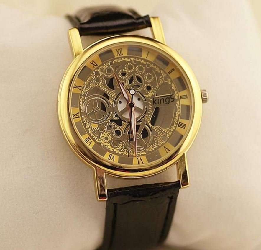 Trendy Men's Stainless Steel & Leather Skeleton Wrist Watch in Gold & Brown