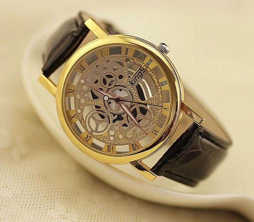 Trendy Men's Stainless Steel & Leather Skeleton Wrist Watch in Gold & Brown