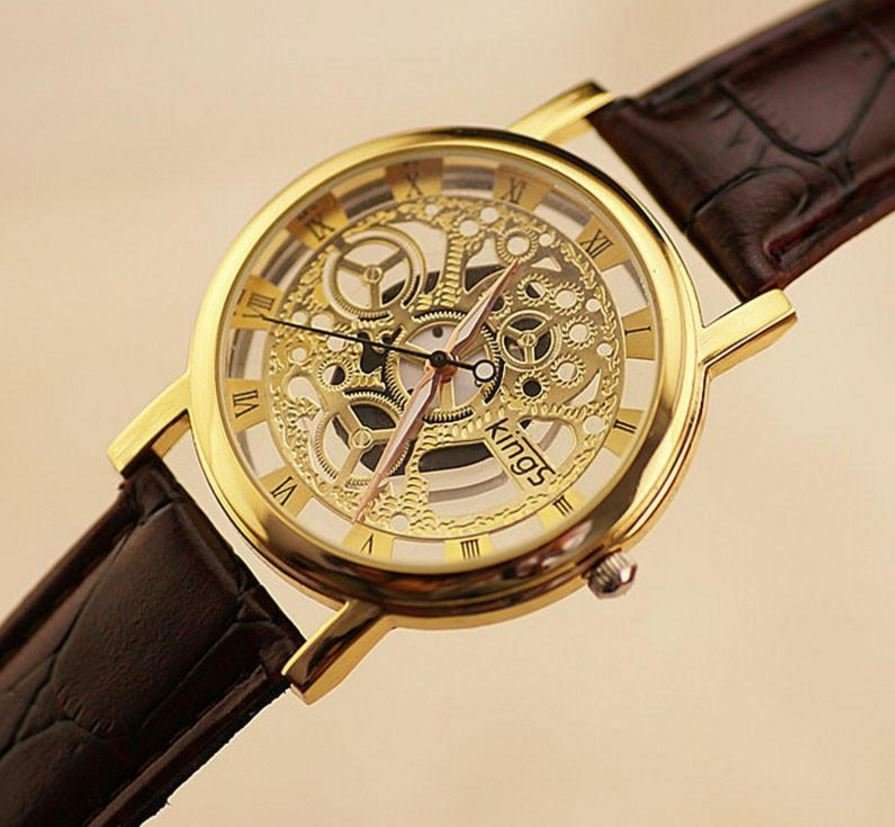 Trendy Men's Stainless Steel & Leather Skeleton Wrist Watch in Gold & Brown
