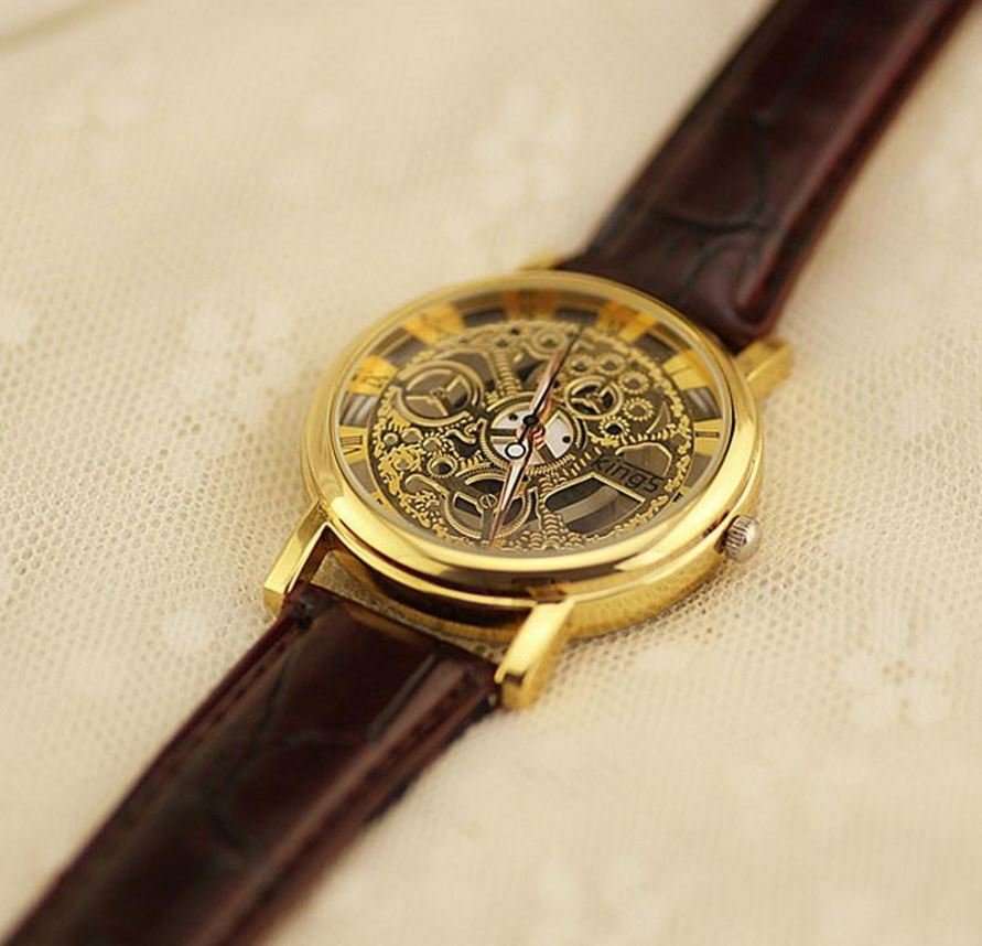 Trendy Men's Stainless Steel & Leather Skeleton Wrist Watch in Gold & Brown