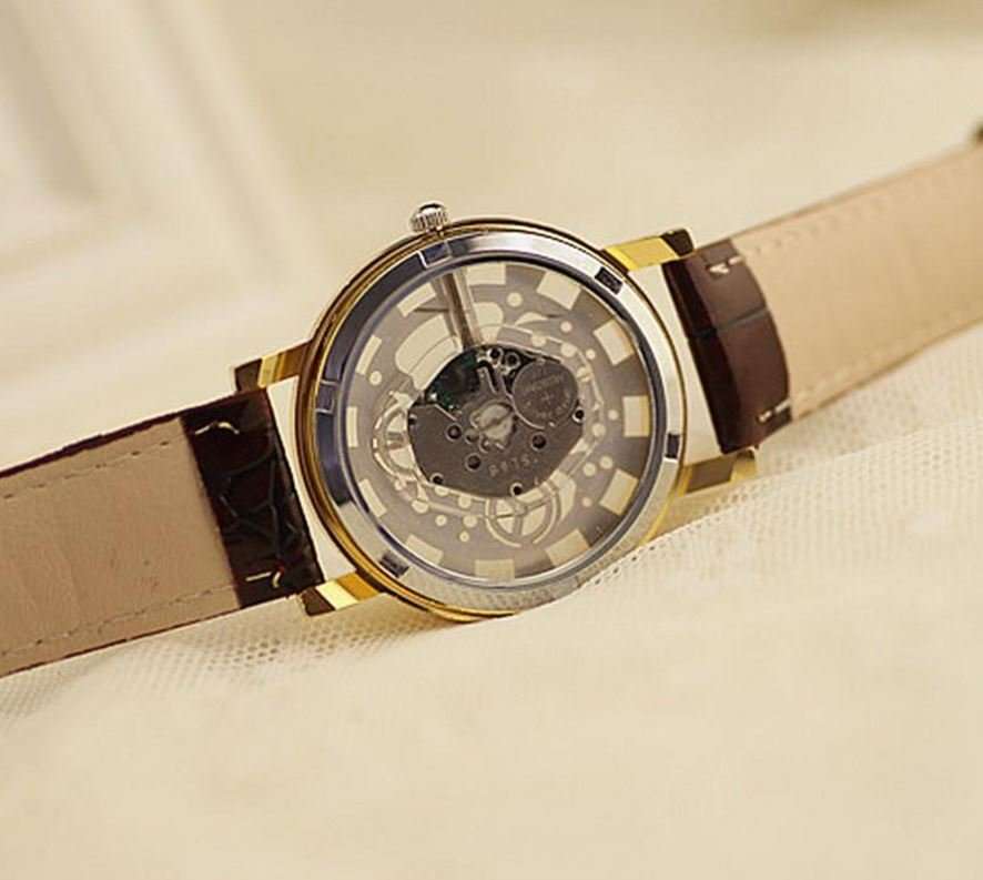 Trendy Men's Stainless Steel & Leather Skeleton Wrist Watch in Gold & Brown