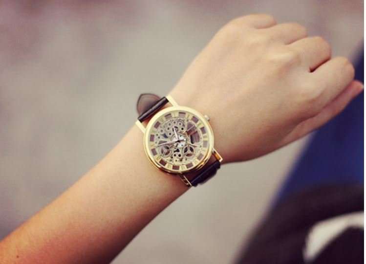 Trendy Men's Stainless Steel & Leather Skeleton Wrist Watch in Gold & Brown