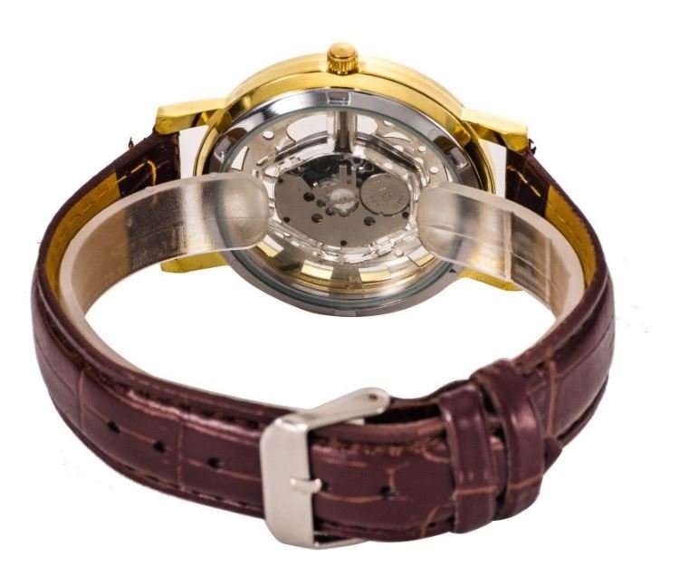 Trendy Men's Stainless Steel & Leather Skeleton Wrist Watch in Gold & Brown
