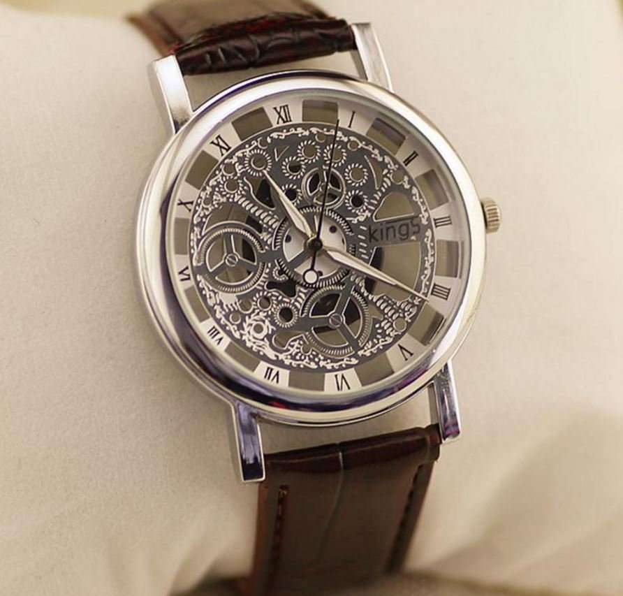 Trendy Men's Stainless Steel & Leather Skeleton Wrist Watch in Silver & Brown