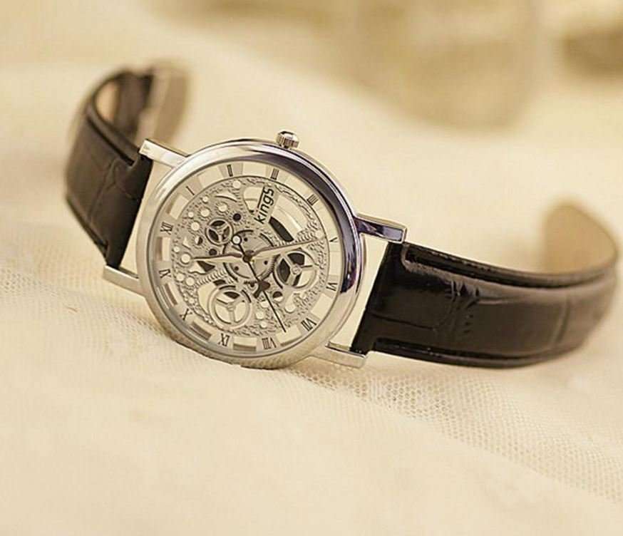Trendy Men's Stainless Steel & Leather Skeleton Wrist Watch in Silver & Brown