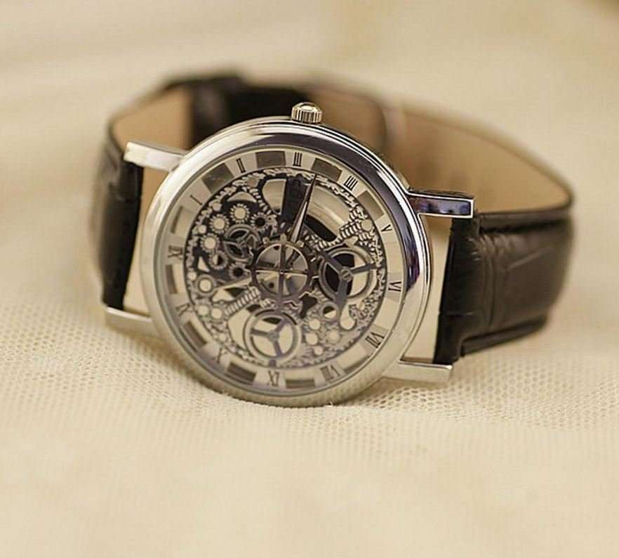 Trendy Men's Stainless Steel & Leather Skeleton Wrist Watch in Silver & Brown
