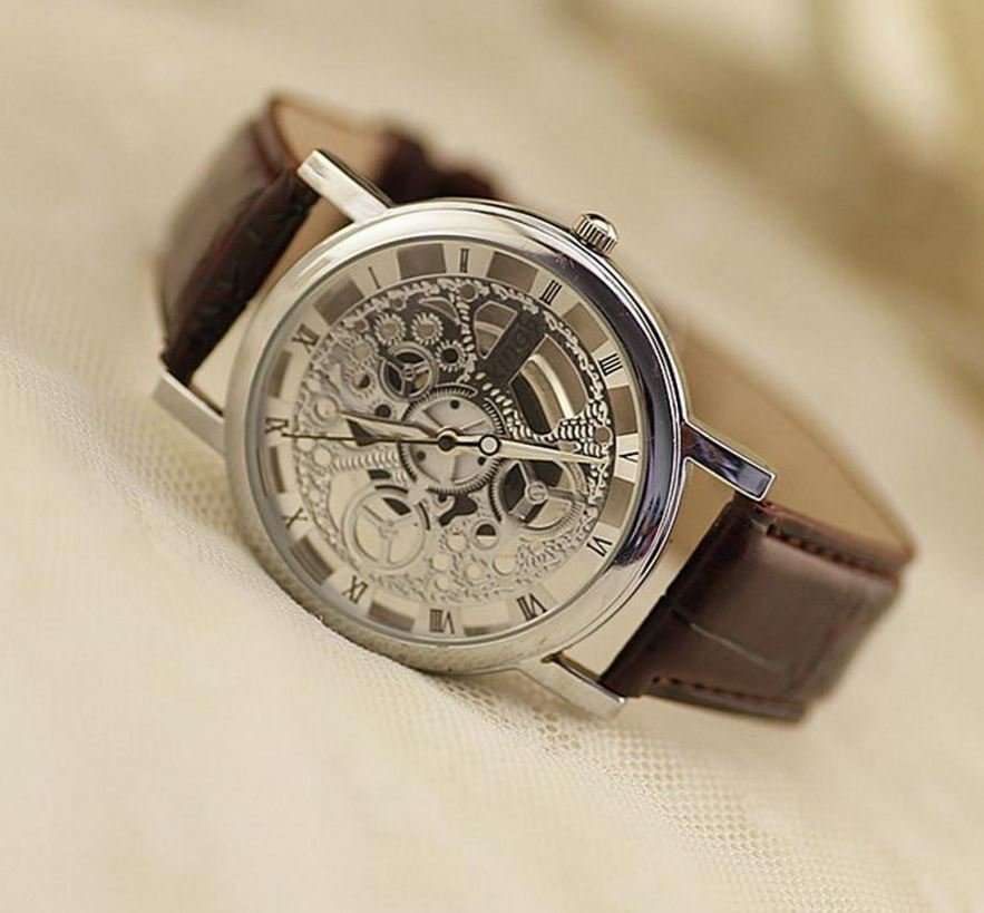 Trendy Men's Stainless Steel & Leather Skeleton Wrist Watch in Silver & Brown