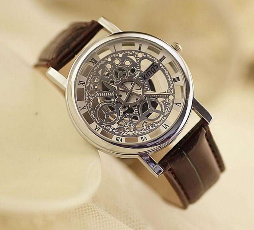Trendy Men's Stainless Steel & Leather Skeleton Wrist Watch in Silver & Brown